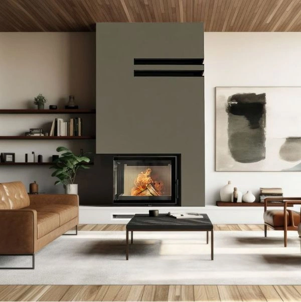 Semineu gri cu focar flotek 10 kw sticla stanga cu foc aprins.
