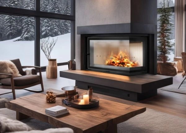 Semineu cu focar Fltek 12 kw in mijlocul incaperii, cu foc in interior.